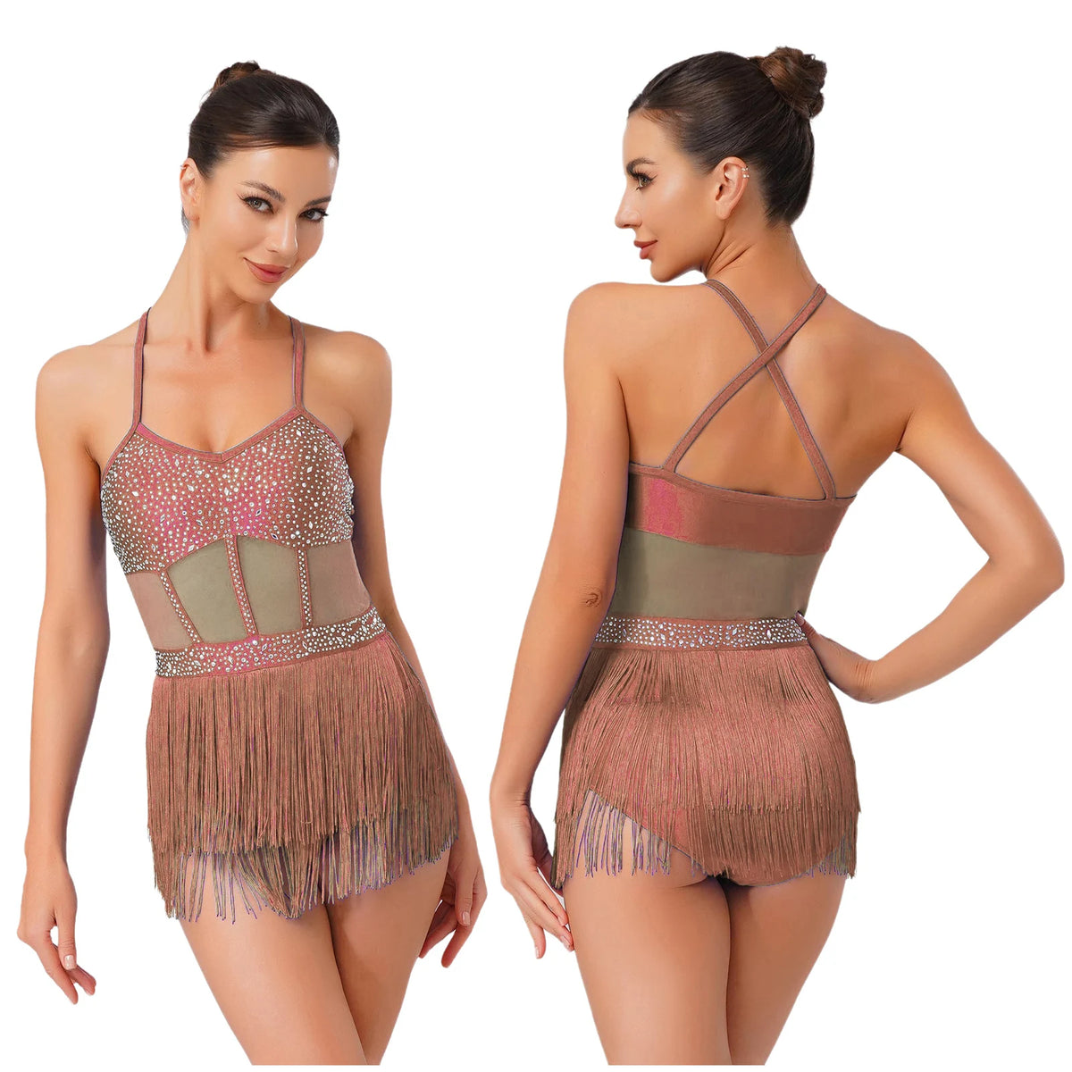 Starlight Rhinestone Fringe Latin Dance Leotard