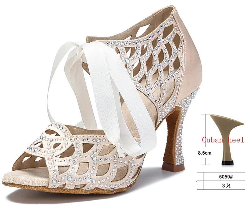 Cut-Out Lace-Up Latin Dance Sandals | Cuban Heel | 6–10cm | White, Black & Nude