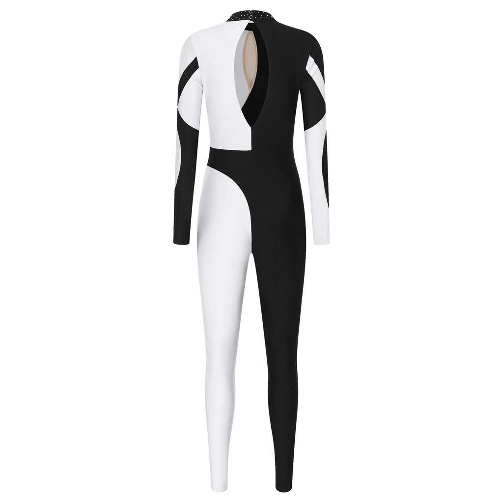Rhinestone Color-Block Dance Jumpsuit | Long Sleeve | Keyhole Back | Mock Neck
