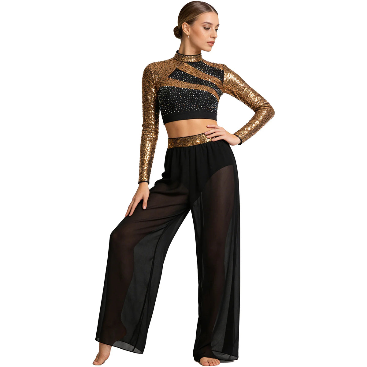 Women's Sequin Crop Top & Side-Split Chiffon Pants | Mock Neck & Cutout Back | 2-Piece Dance Set