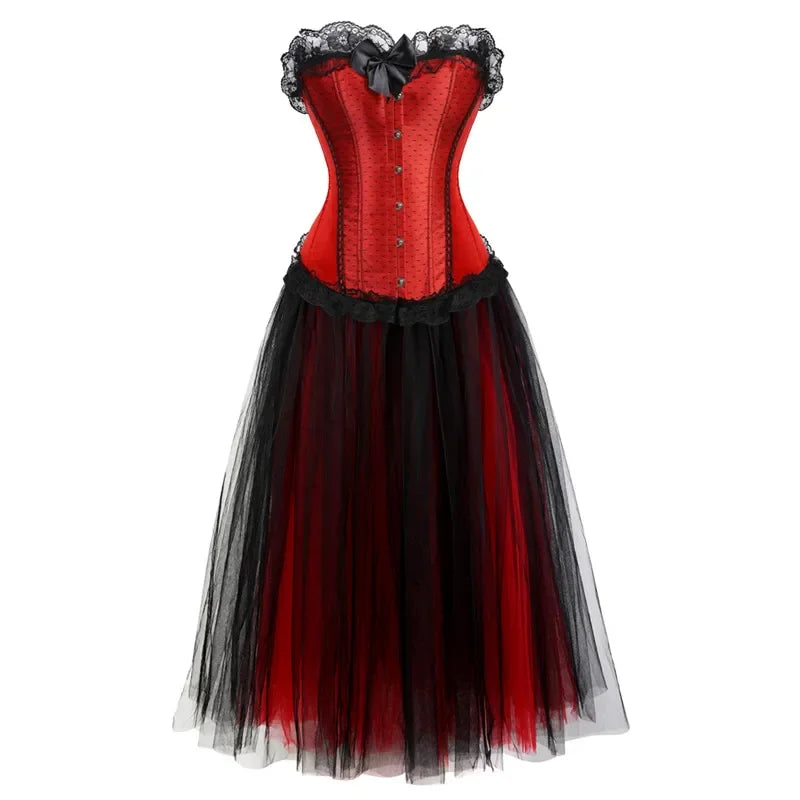 Red Satin Overbust Corset Dress | Black Lace & Tulle | Burlesque & Victorian | XXS–7XL