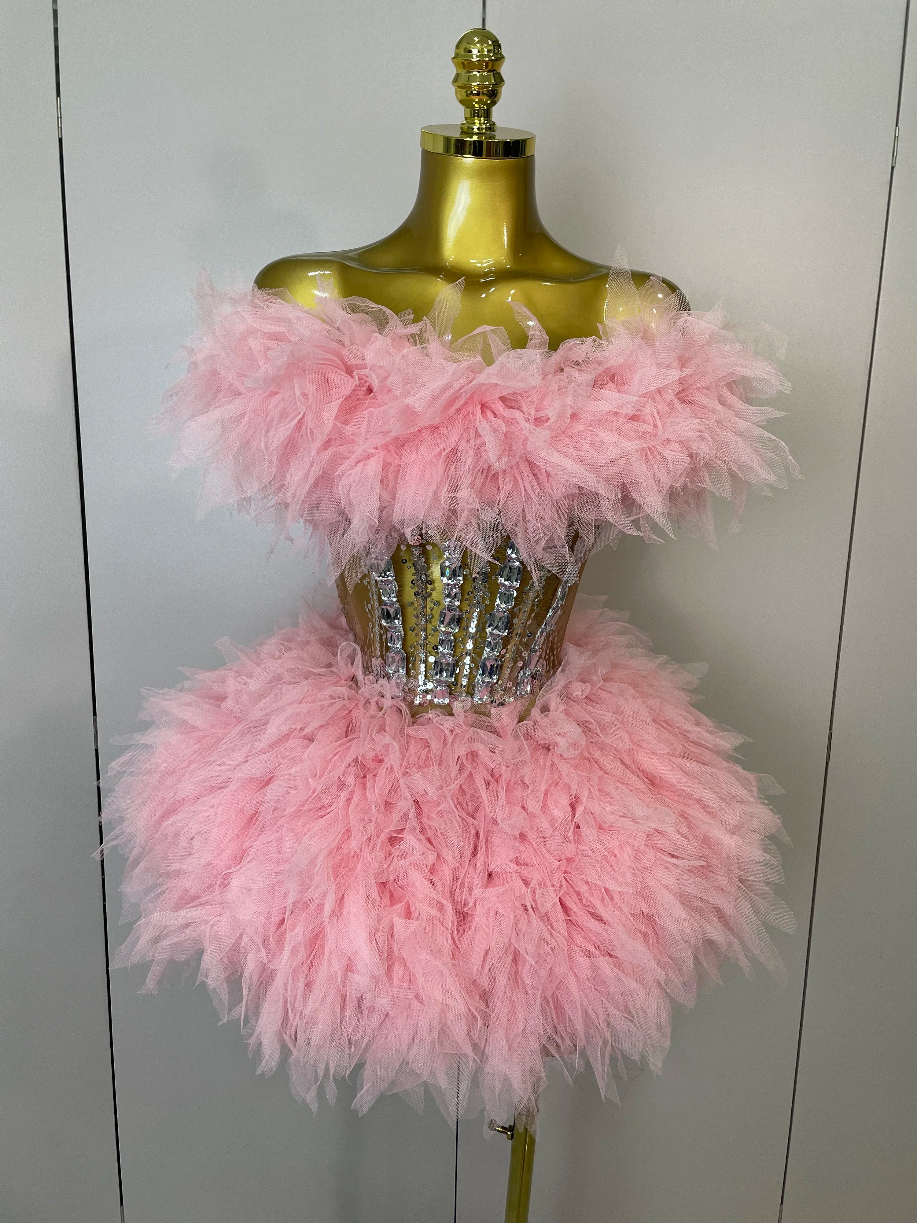 Feather Two-Piece Set | Rhinestone Corset Waist | Stage Costume