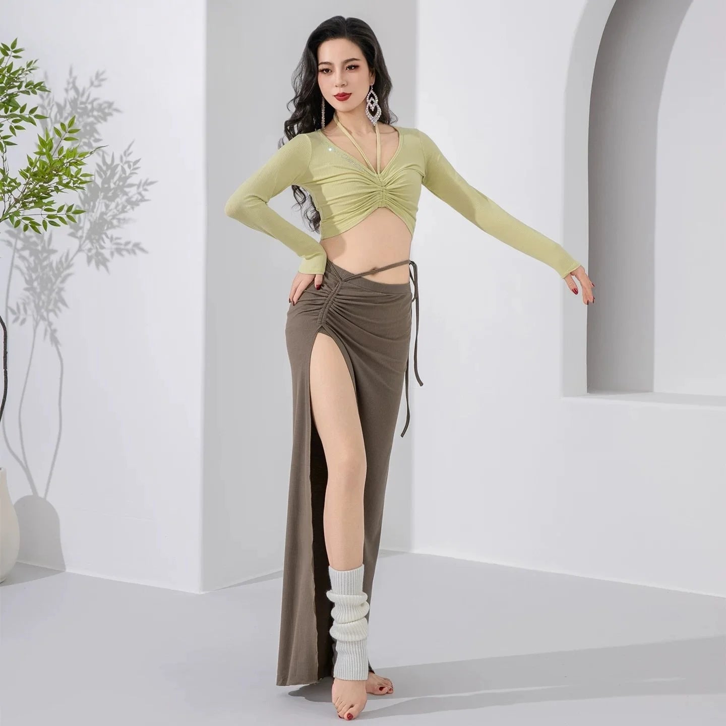 Belly Dance Costume | Long Sleeve Halter Top & Slit Skirt Set