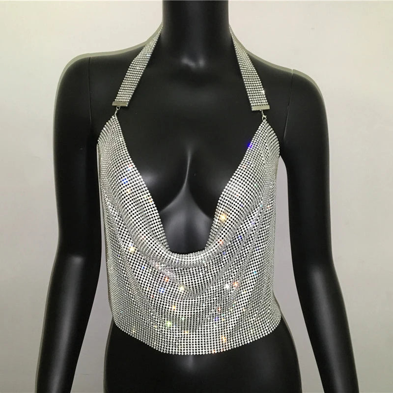 Rhinestone Sequin Deep V Halter Crop Top - Backless Diamond Tank