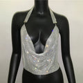 Rhinestone Sequin Deep V Halter Crop Top - Backless Diamond Tank