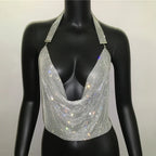 Rhinestone Sequin Deep V Halter Crop Top - Backless Diamond Tank
