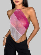 Glitter Diamond Fishnet Halter Crop Top - Sheer Backless Tank