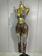 Leopard Rhinestone Chain Two-Piece Set | Crop Top & Pants