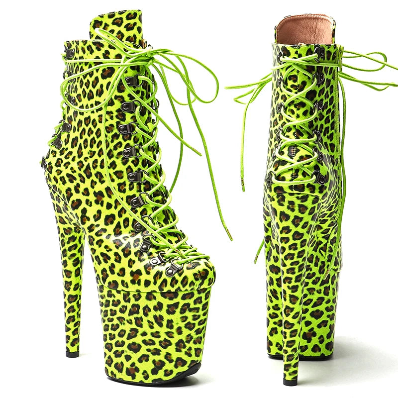 Leopard Print Platform Ankle Boots - 8 Inch Neon Pole Dance Boots