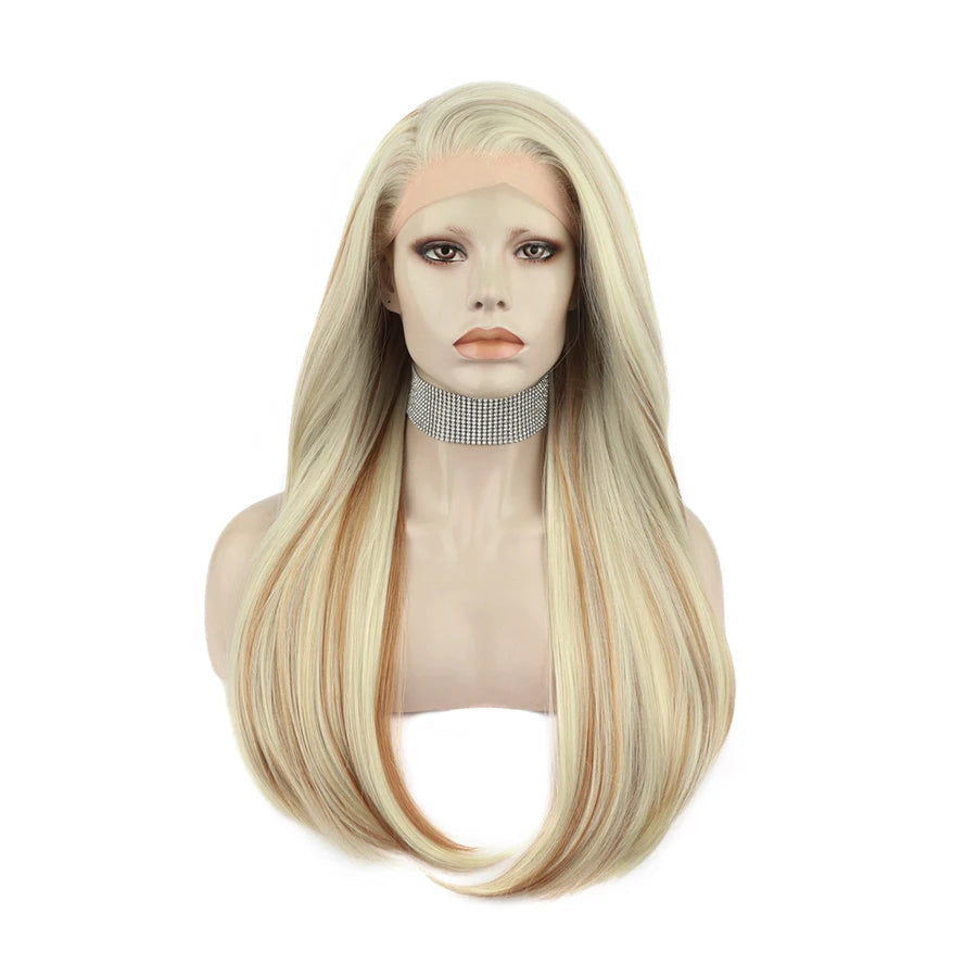24" Honey Blonde Highlight Straight Lace Front Wig – Caramel, Auburn & Platinum Mix