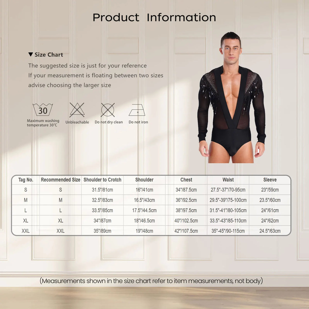 Men's Latin Dance Leotard | Deep V-Neck & Sheer Mesh | Rhinestone & Tassels