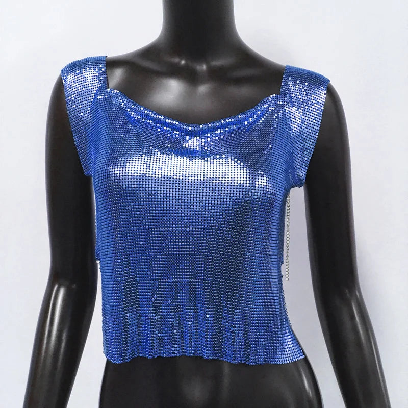 Sequin Backless Crop Top - Diamond Metal Party Tank
