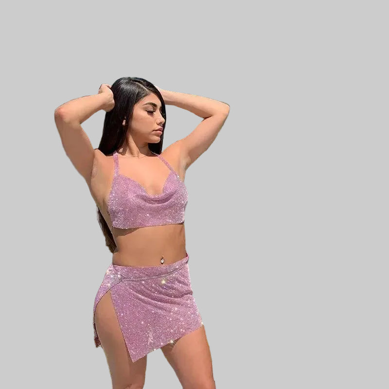 Rhinestone Sequin Halter Crop Top - Backless Metallic Strap Tank for Festival