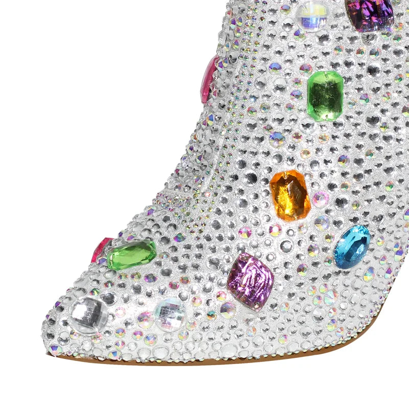 Rhinestone Ankle Boots | Bling Pointed Toe | Block Heel