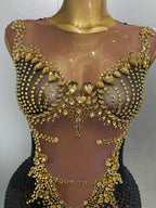 Gold Rhinestone Harness Gown | Sleeveless | Ankle-Length | Stage