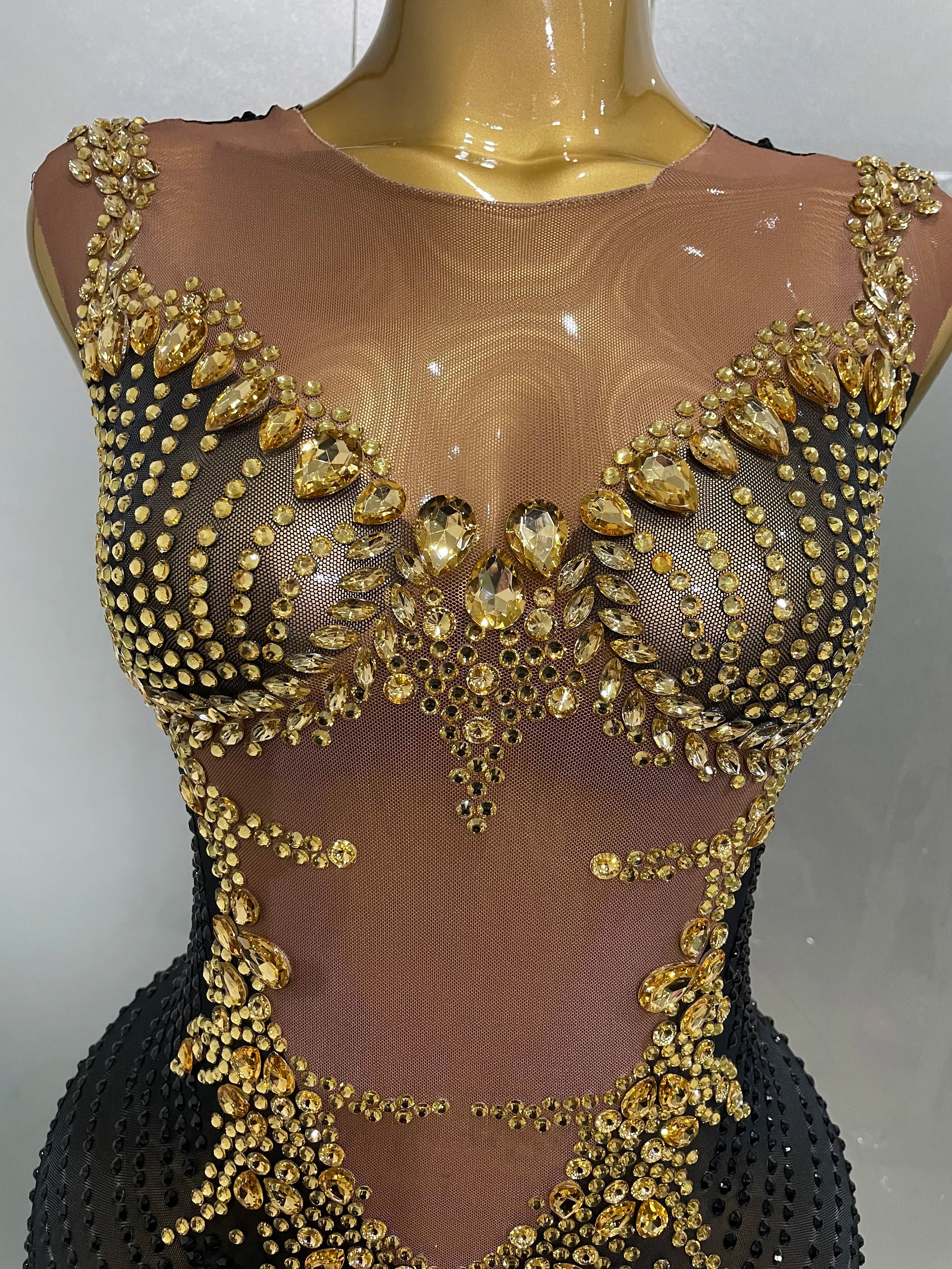 Gold Rhinestone Harness Gown | Sleeveless | Ankle-Length | Stage