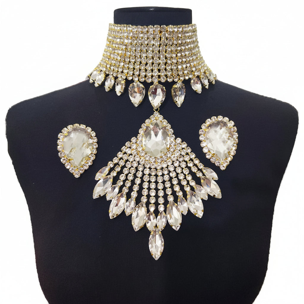 Rhinestone Tassel Choker Jewelry Set | Necklace & Earrings