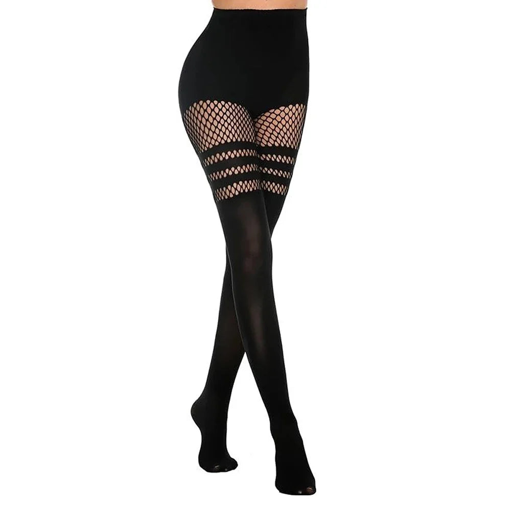 Black Hollow-Out Fishnet Tights | Stripe, Patchwork & Suspender | One Size