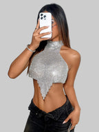 Rhinestone Metal Halter Crop Top - Backless Chain Tank