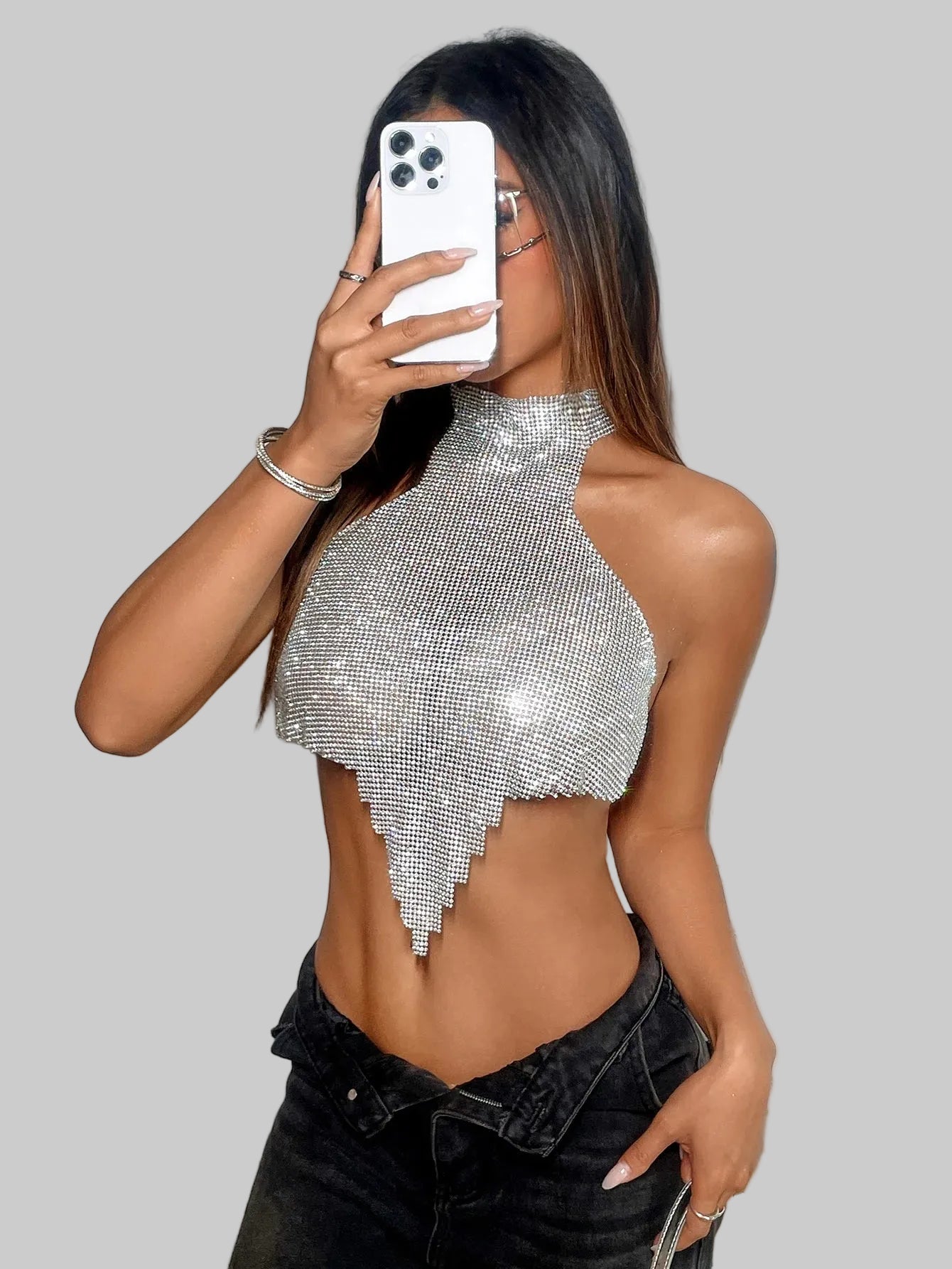 Rhinestone Metal Halter Crop Top - Backless Chain Tank