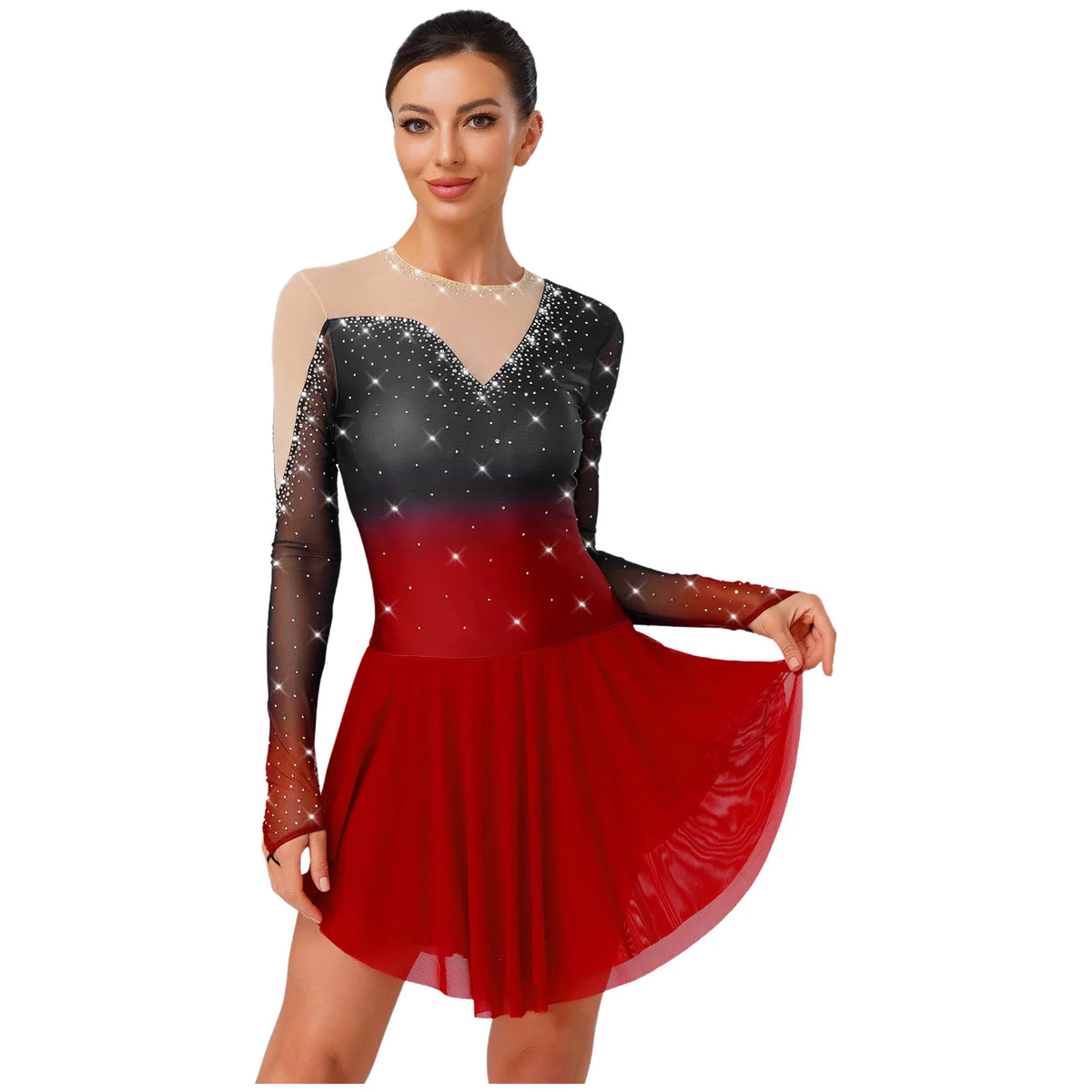 Rhinestone Mesh Skating Dress | Gradient | Built-In Brief