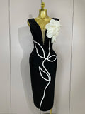 Off-Shoulder Bandage Midi Dress | 3D Rose Appliqué | Red & Black