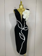 Off-Shoulder Bandage Midi Dress | 3D Rose Appliqué | Red & Black
