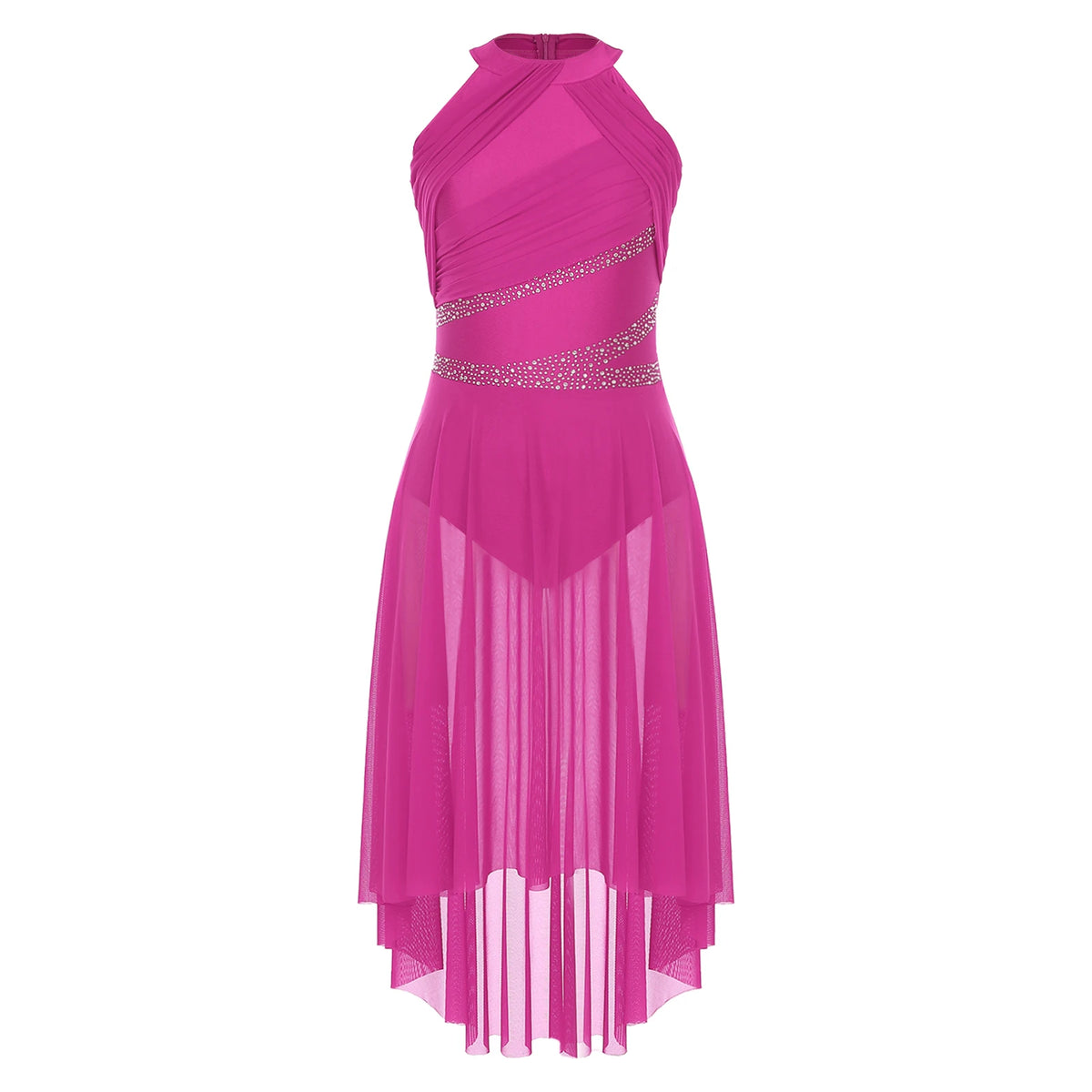 Lyrical Dance Dress | Rhinestone Asymmetric Mesh