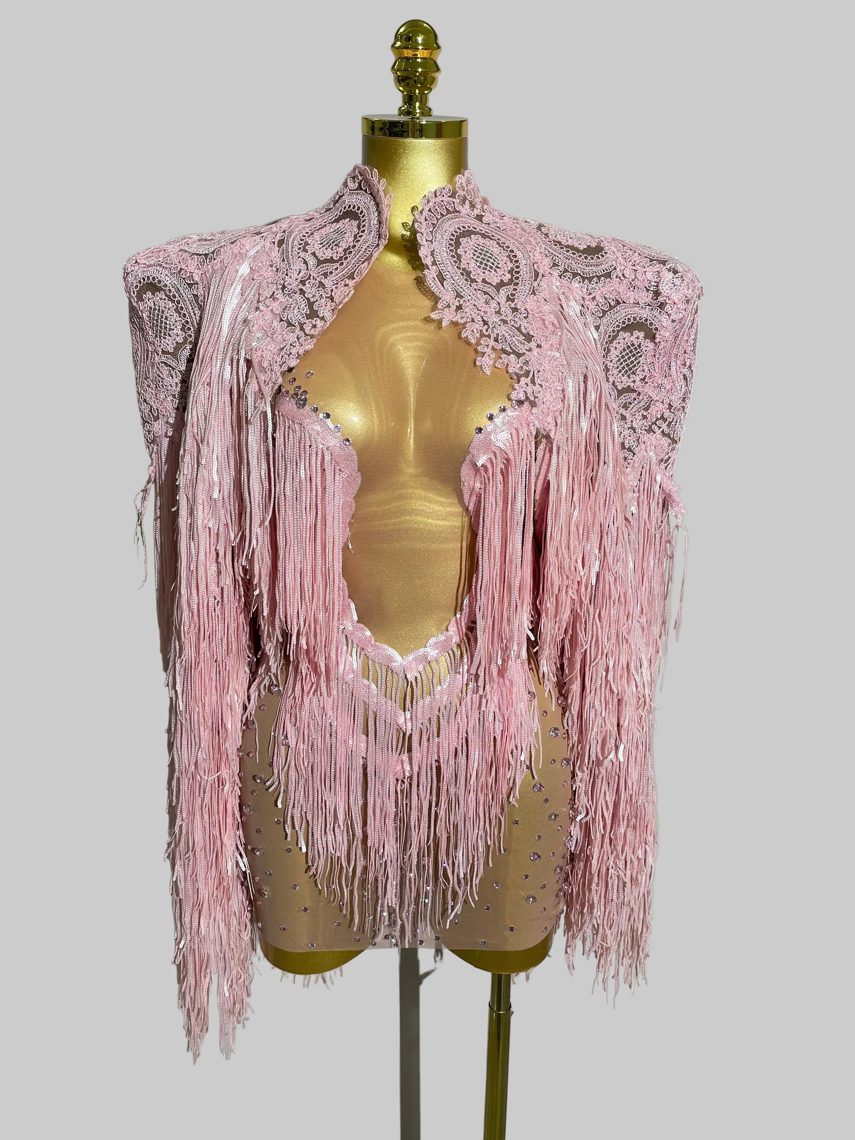Sparkly Rhinestone Sequin Tassel Dress & Jacket — 2‑Piece Performance Set