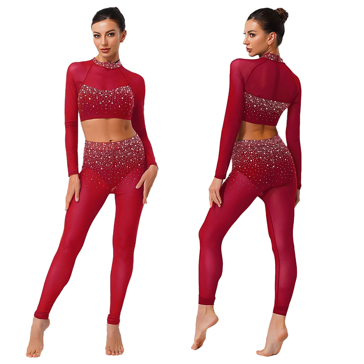 Dance Set | Rhinestone Crop Top & Leggings | Long Sleeve