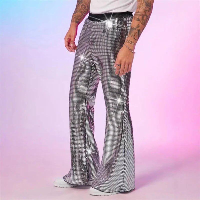 Men's Sequin Flare Pants | Elastic Waist | Stage & Party