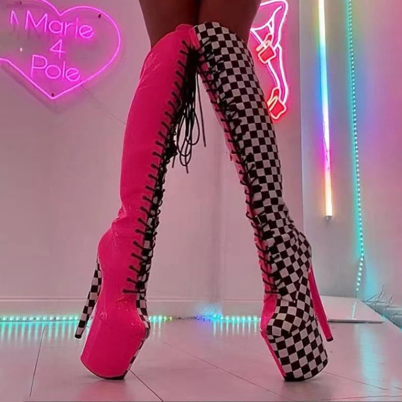 Thigh-High Platform Boots - 8-Inch Grid Pattern Lace-Up Boots for Pole Dance & Performance