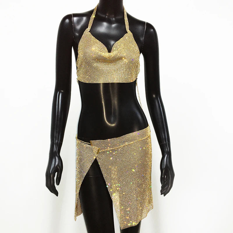 Rhinestone 2-Piece Set - Backless Crop Top & Split Mini Skirt