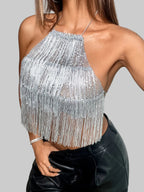 Rhinestone Mesh Halter Crop Top - Backless Tassel Party Camisole
