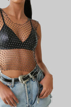 Fishnet Rhinestone Crop Top - Sheer Mesh Tank with Crystal Diamonds