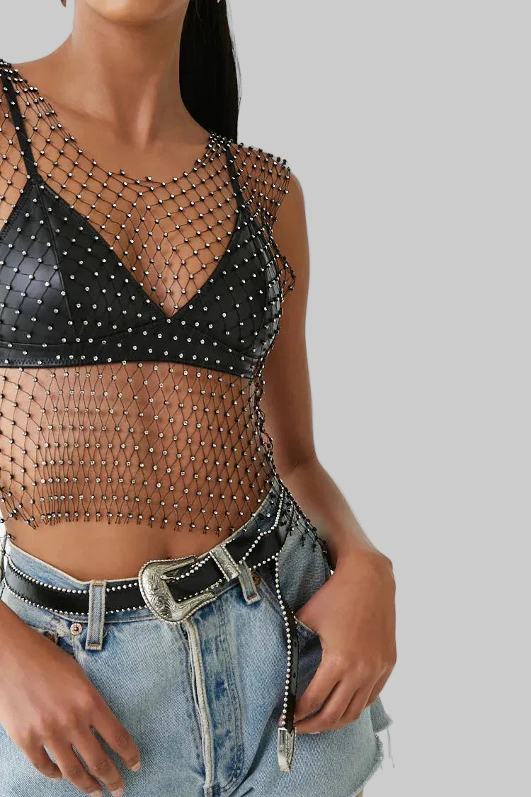 Fishnet Rhinestone Crop Top - Sheer Mesh Tank with Crystal Diamonds