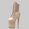 "Sky-High Stiletto" Extreme Patent Platform Lace-Up Ankle Boots - 20cm Heel, Nude/Beige
