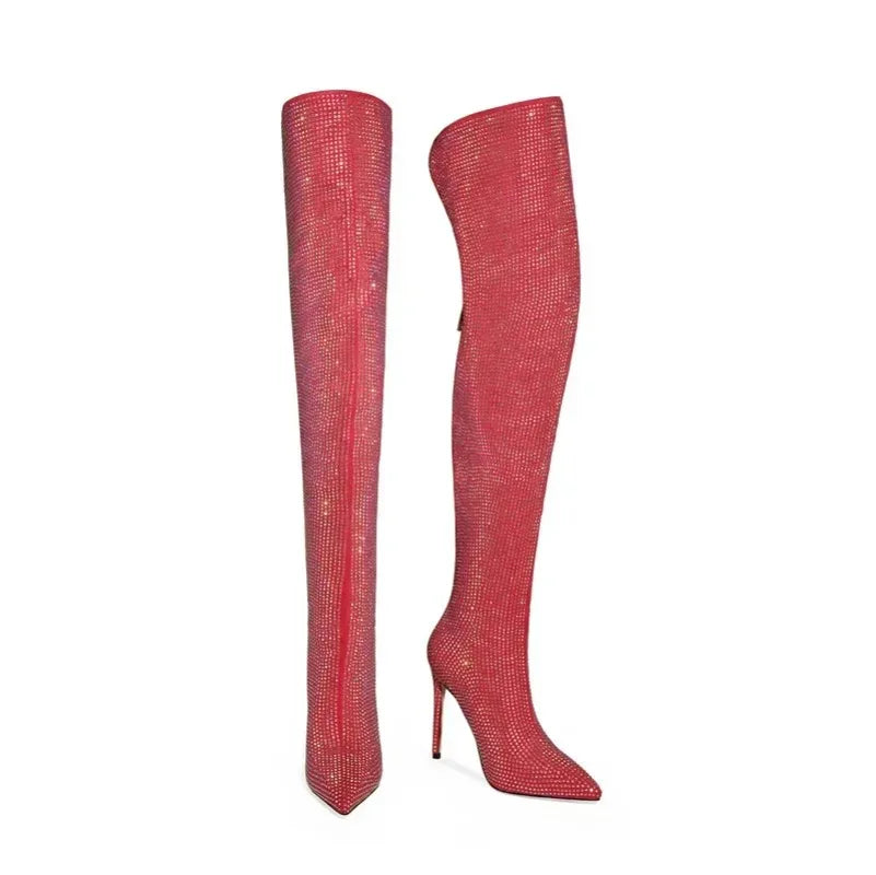 Rhinestone Over-the-Knee Stiletto Boots | Pointed Toe 12cm | 5 Colors