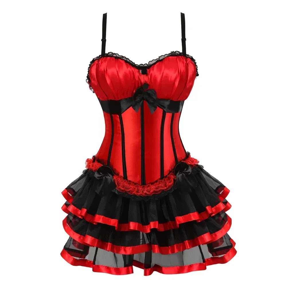 Red Satin Overbust Corset Dress | Layered Tulle Skirt | Burlesque & Gothic | S–2XL