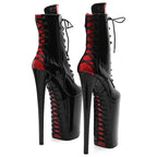 26cm Black Red Patent Ankle Boots - Trendy Platform Party Dance Boots