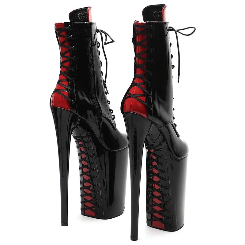 26cm Black Red Patent Ankle Boots - Trendy Platform Party Dance Boots