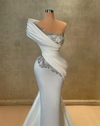 Ivory Satin Mermaid Gown | One-Shoulder | Crystal