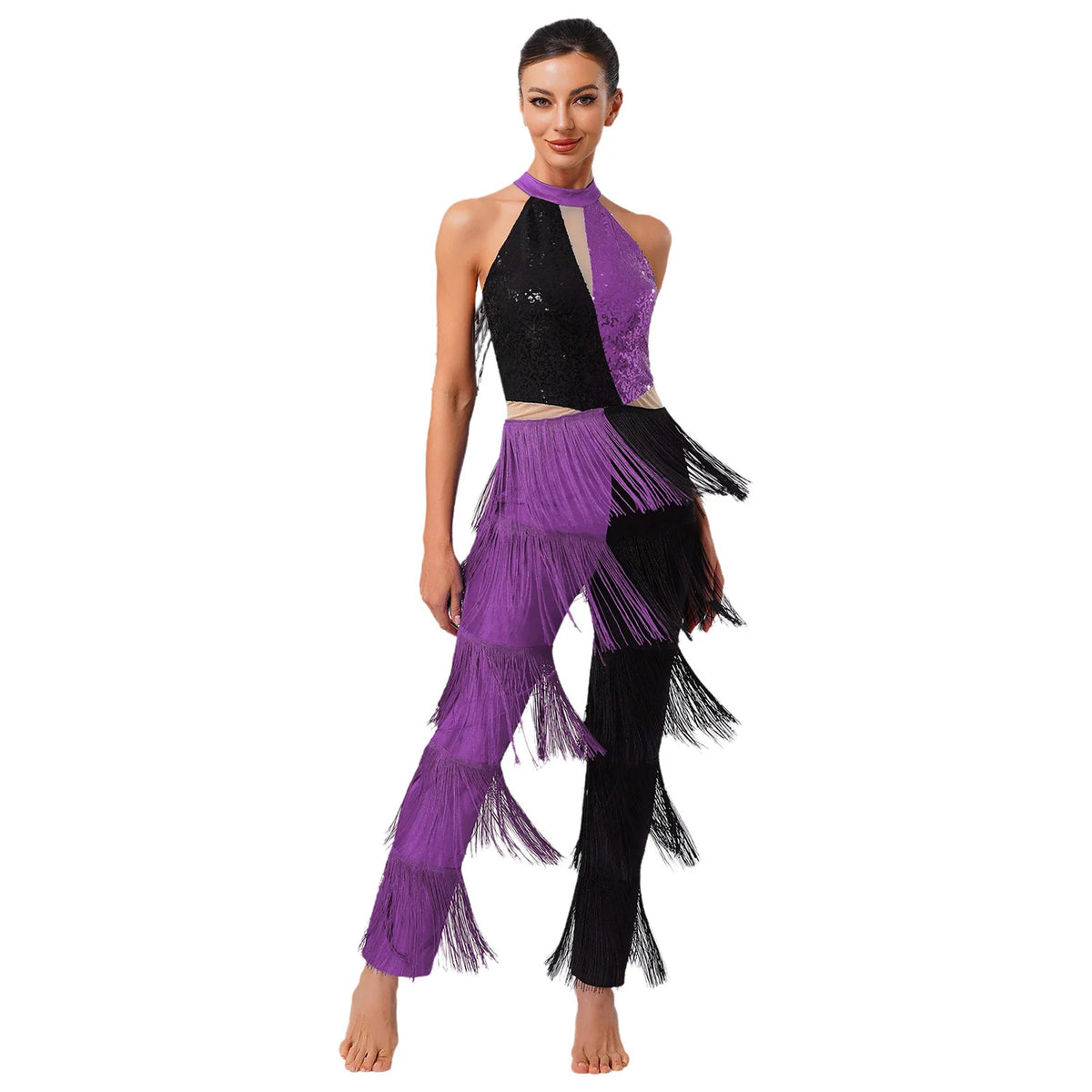 Latin Dance Jumpsuit | Sequin Contrast Fringe