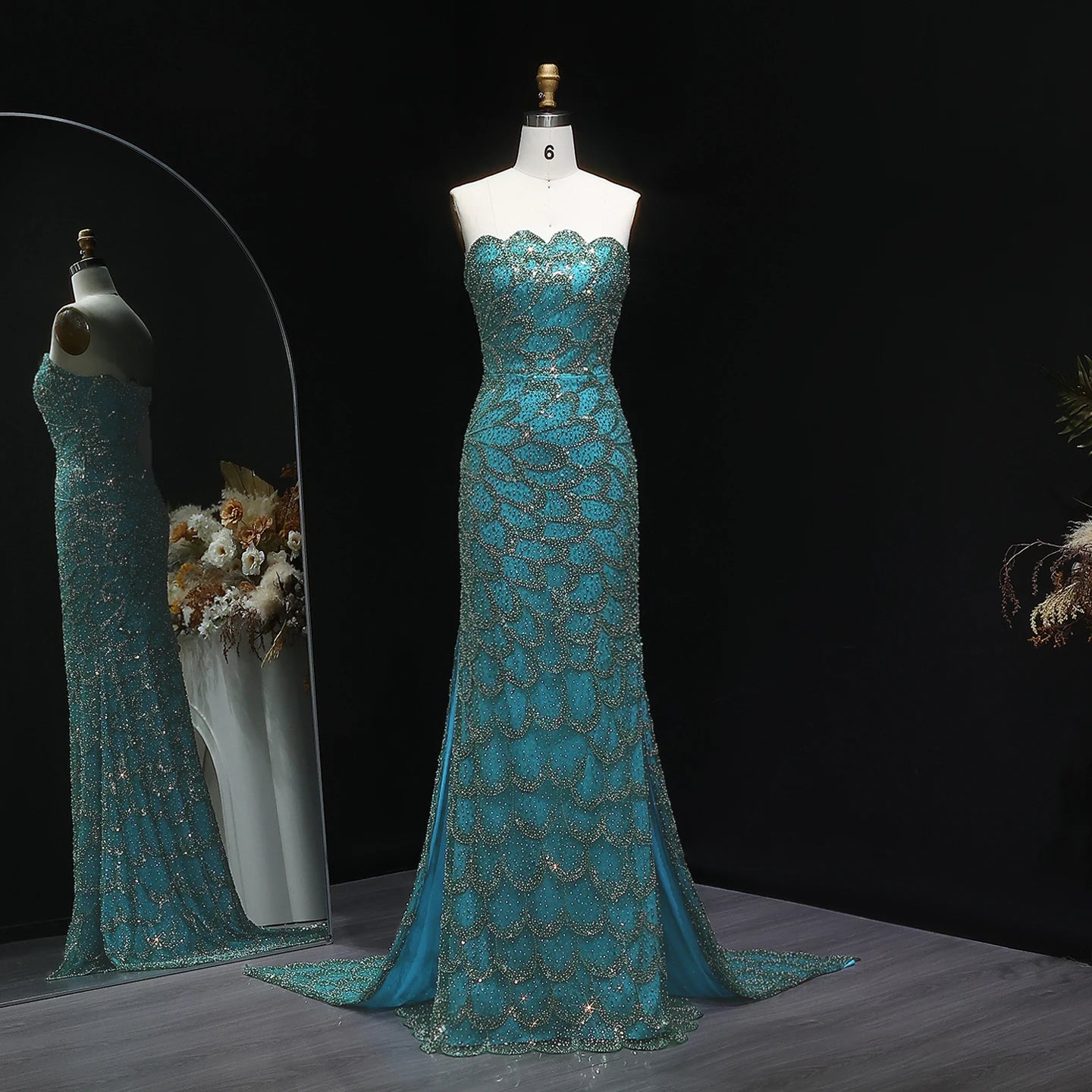 Beaded Sequin Strapless Mermaid Pageant Gown | Court Train | 6 Colors