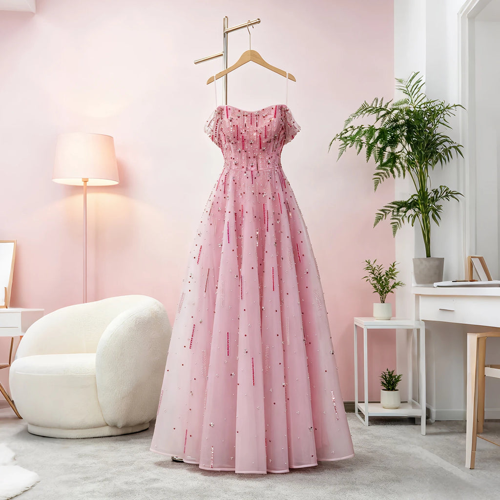 Crystal Beaded Cap Sleeve A-Line Pageant Gown | Square Neck | Pink