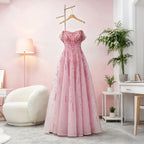 Crystal Beaded Cap Sleeve A-Line Pageant Gown | Square Neck | Pink