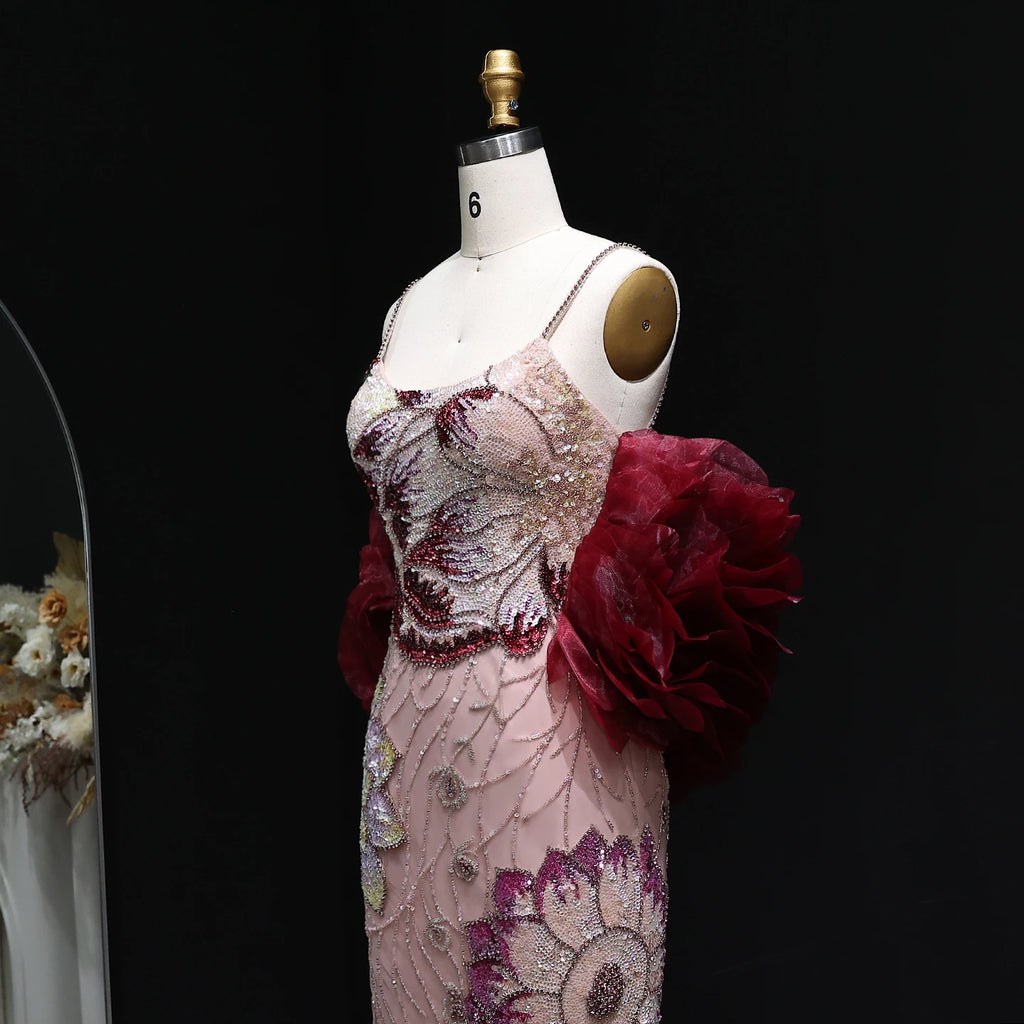 Pink Floral Beaded Mermaid Pageant Gown | Burgundy Cape