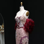 Pink Floral Beaded Mermaid Pageant Gown | Burgundy Cape