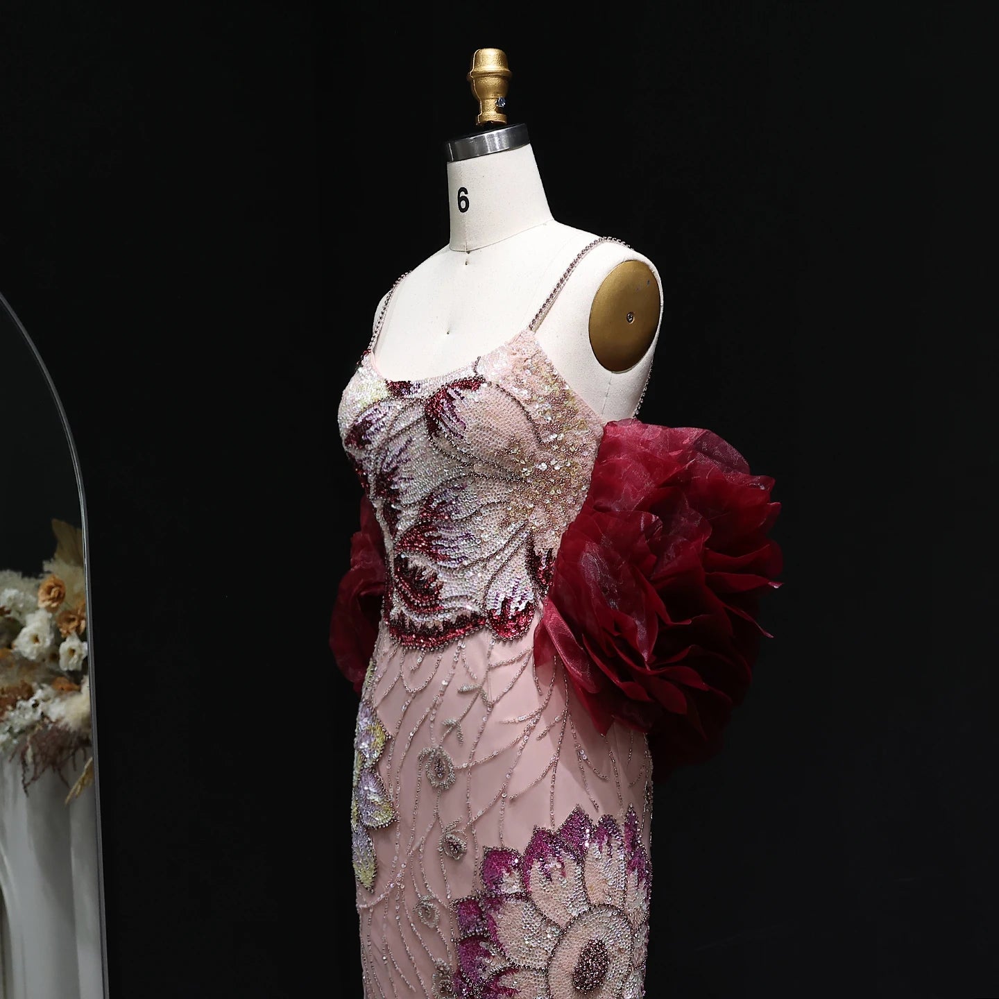 Pink Floral Beaded Mermaid Pageant Gown | Burgundy Cape