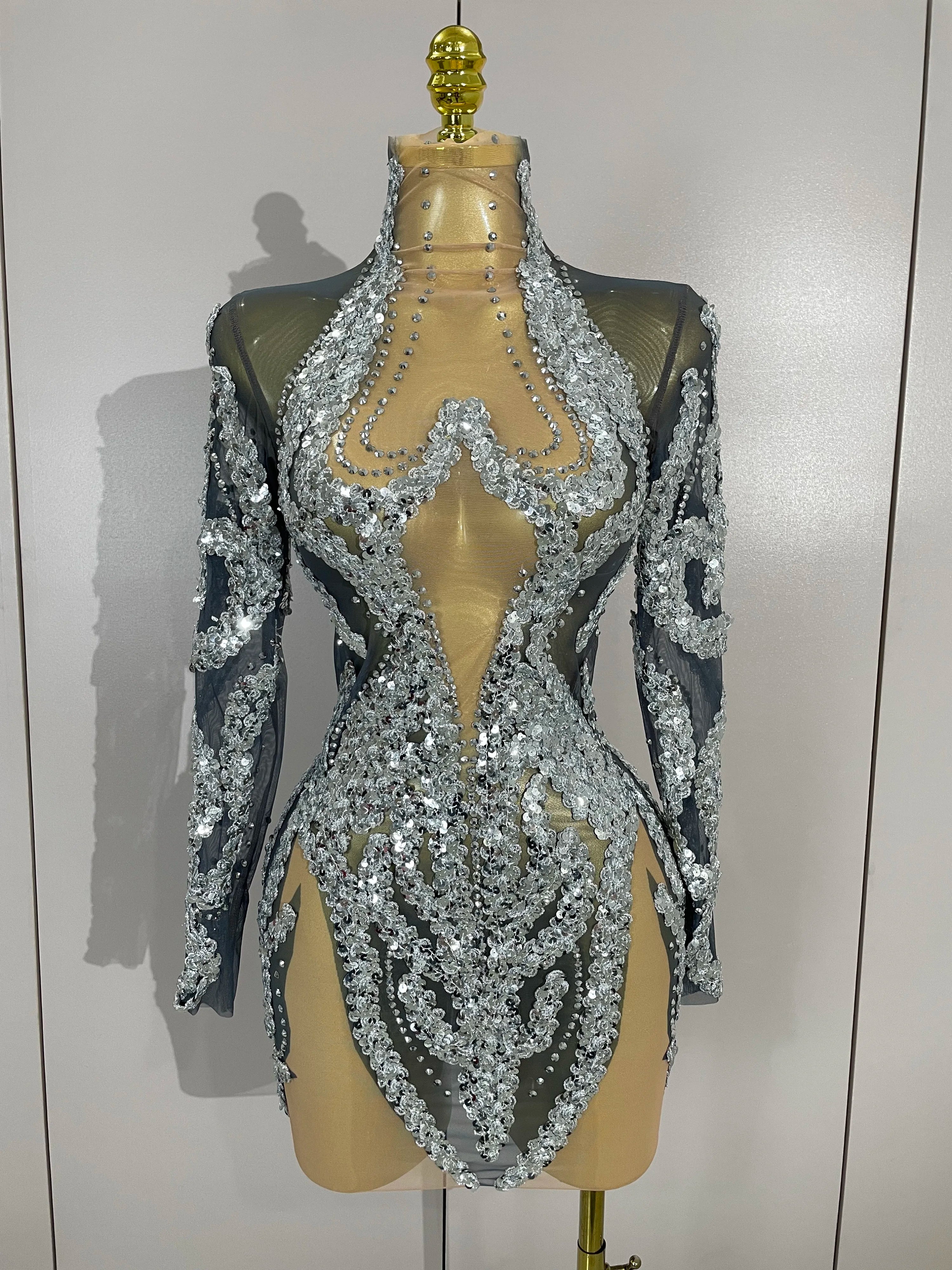 Rhinestone Mesh Long Sleeve Mini Dress | Sparkle | Stage